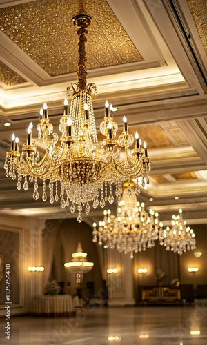 Elegant crystal chandeliers illuminate a luxurious banquet hall with ornate decor and soft lighting