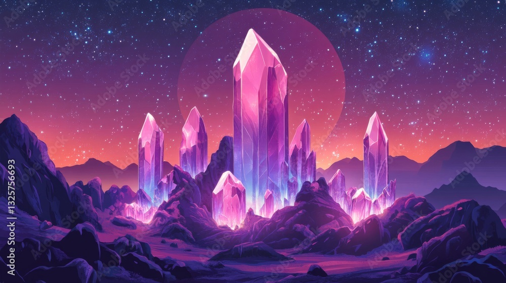 Fototapeta premium Glowing Pink Crystals in a Desert Landscape under a Starry Night Sky