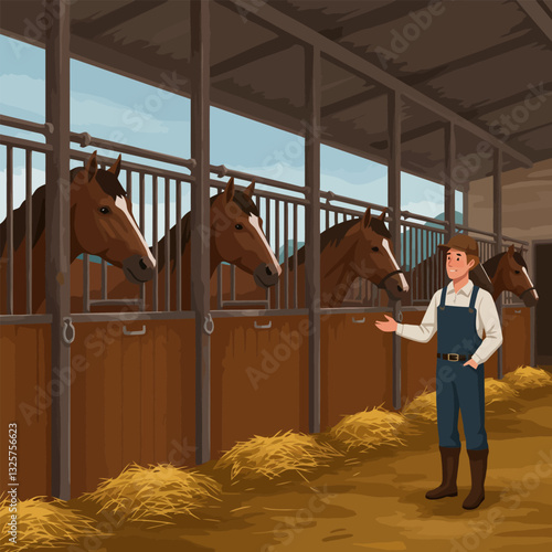 Farmer Standing by Horse Stalls Offering Welcome in Barn Interior