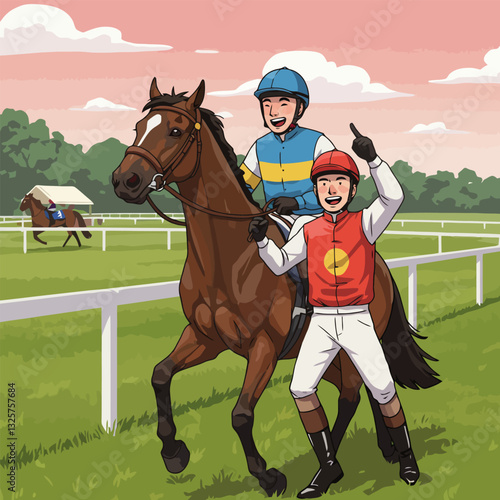 Celebrating Horse Racing Victory with Jockey Cheering on Racetrack