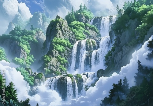 Majestic Waterfall Landscape Painting Green Cliffs, Clouds, and Cascading Water