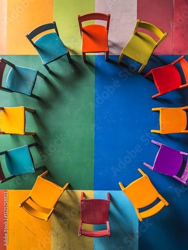 Overhead view of a colorful musical chairs game in progress