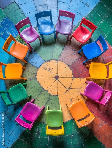 Colorful musical chairs game with chairs arranged in a circle