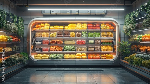 Futuristic Grocery Store: Produce Section with Abundant Fresh Fruits and Vegetables