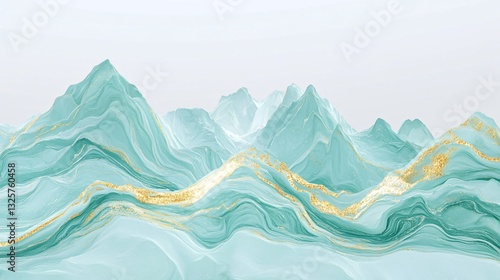 Rippled mountain streaks in pastel mint and shimmering gold plain background
