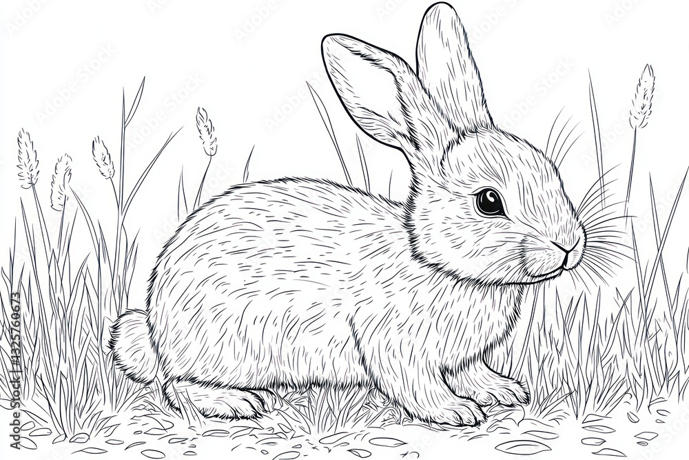 Line art bunny in meadow, perfect for simple children's activities. Line art bunny in meadow, perfect for simple children's activities.