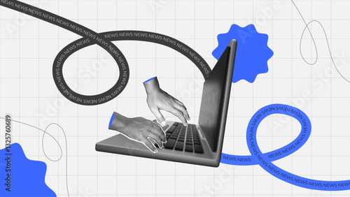 halftone collage, Digital journalism and news with a laptop, typing hands, and dynamic news streams. SEO, content writing, online media, and breaking news visuals