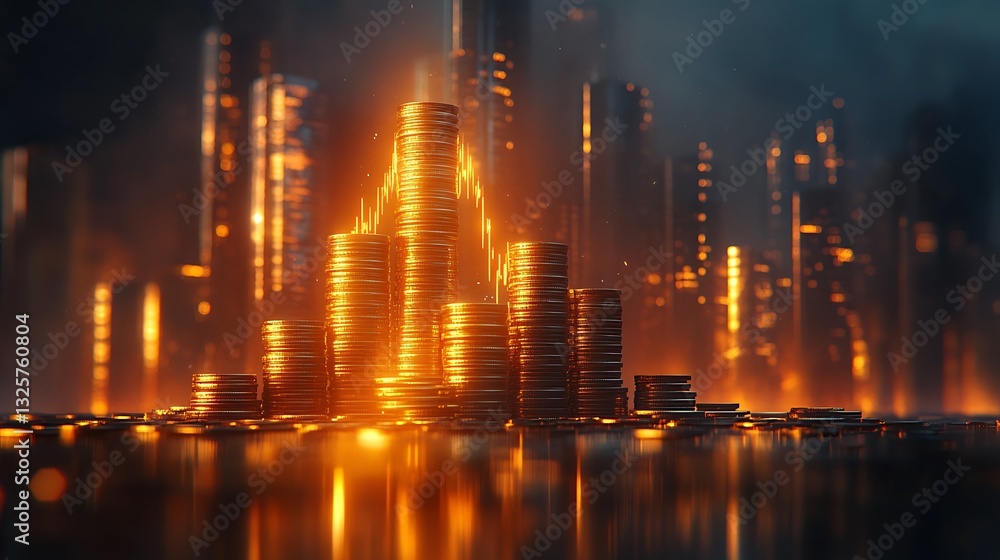 A glowing upward financial chart rising from a base of neatly stacked coins, soft ambient light reflecting off the gold, a futuristic gradient background adding depth, ultra-clear rendering, A glowing upward financial chart rising from a base of neatly stacked coins, soft ambient light reflecting off the gold, a futuristic gradient background adding depth, ultra-clear rendering,