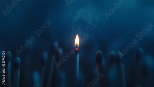 A single lit match standing out from the rest of unlit matches.