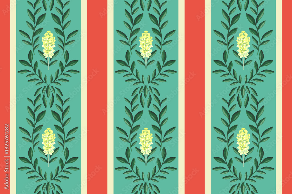 Retro striped wallpaper with floral print.