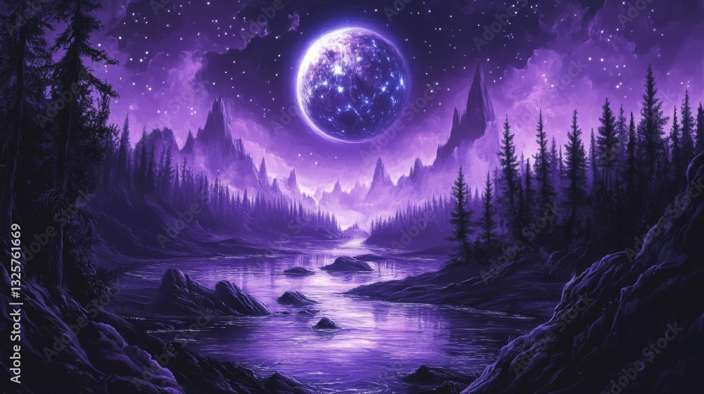 Fototapeta premium Purple Pixel Art Night Landscape with Moon and River