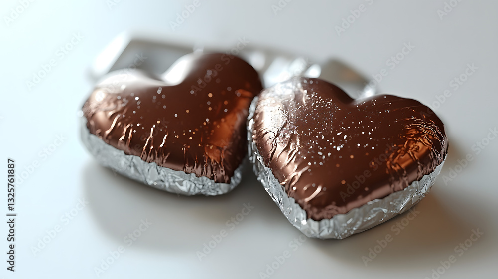 Two heart-shaped chocolates wrapped in shiny foil placed on a smooth surface with soft lighting Two heart-shaped chocolates wrapped in shiny foil placed on a smooth surface with soft lighting