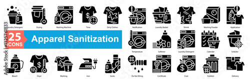 Apparel Sanitization Icon Sheet glyph Laundry Detergent, Drying, Washing Machine, Time, Dirty Clothes, Notification, Laundry Basket, Shrink, Washing Powder, Application, Temperature, Delivery