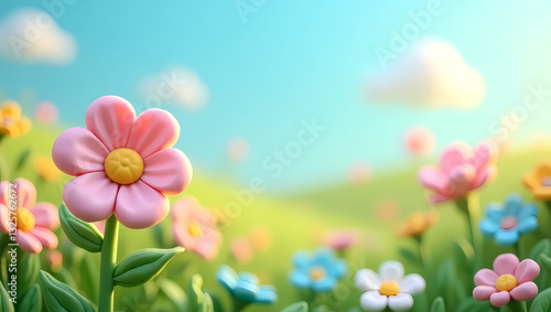 Fototapeta Naklejka Na Ścianę i Meble -  Cute 3D Cartoon Flowers in a Nature Background