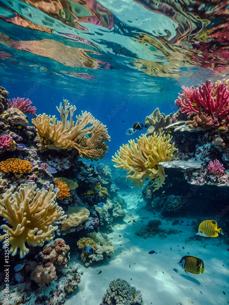 Naklejka premium Colorful coral reef teeming with marine life in clear blue waters.