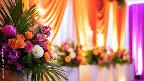 Wallpaper Mural Vibrant floral arrangement with colorful drapes and soft lighting at a festive celebration venue Torontodigital.ca