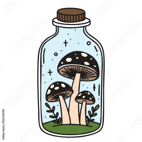 Color doodle mushrooms in bottle. Hand drawn vector art.