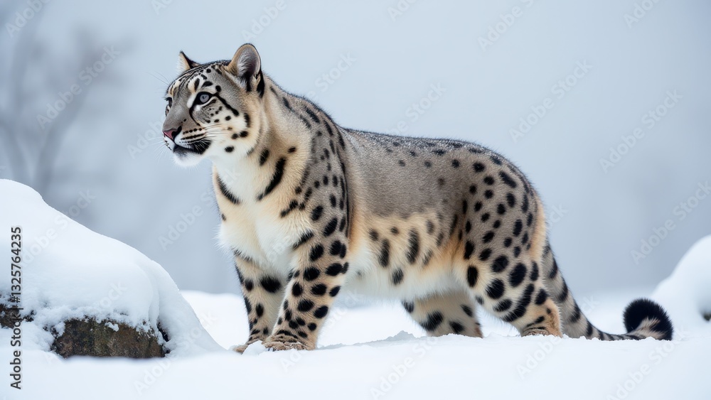 Fototapeta premium A snow leopard print pattern on a large cat in a snowy environment