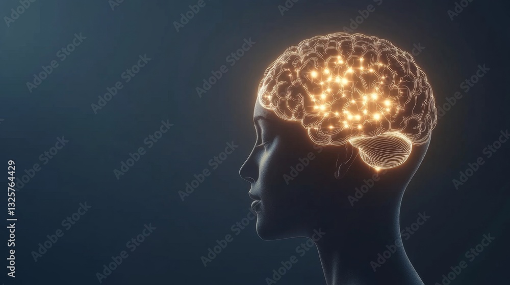 Fototapeta premium Illuminated Mind - Abstract Human Head with Glowing Brain Symbolizing Deep Thought and Intelligence