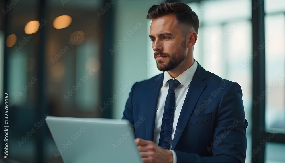 Poised in Professionalism: A distinguished businessman in a sharp suit, engrossed in his laptop, exemplifies focused concentration and modern workplace aesthetics. Poised in Professionalism: A distinguished businessman in a sharp suit, engrossed in his laptop, exemplifies focused concentration and modern workplace aesthetics.
