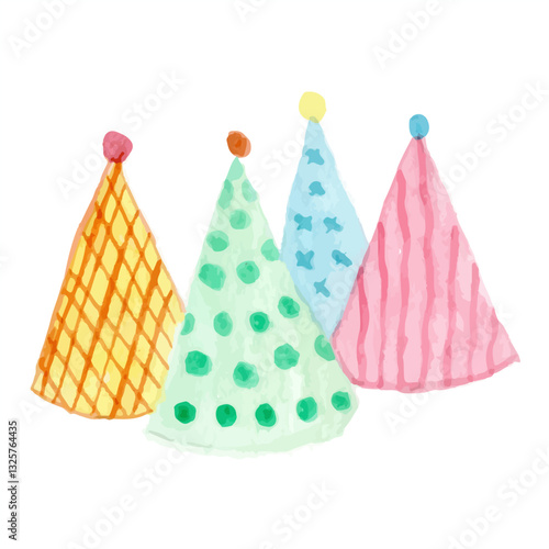 Hand drawn set of party hats. Vector funny colorful birthday decorations, set of hats in watercolor style for design and invitations, isolated on white