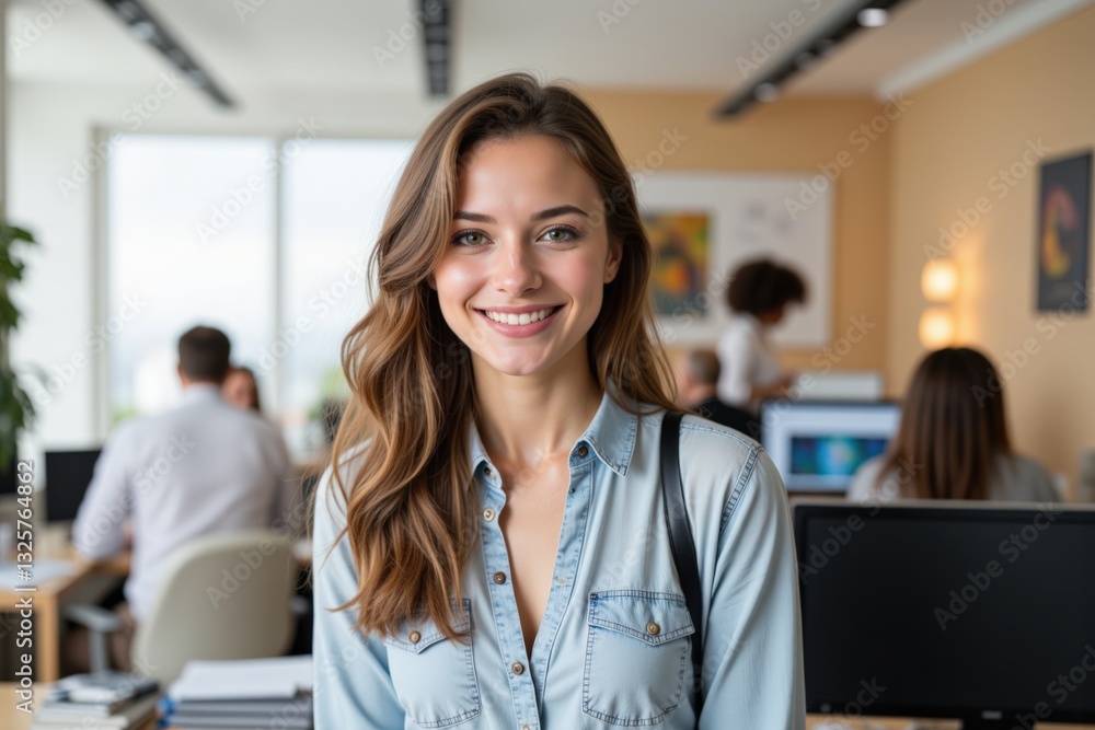 Smiling Young Woman in a Modern Office Environment Surrounded by Colleagues Working at Desks with Computers Smiling Young Woman in a Modern Office Environment Surrounded by Colleagues Working at Desks with Computers