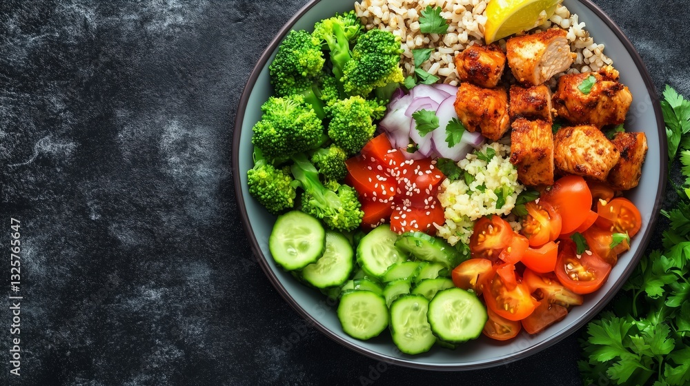 Top view of a bowl full of nutritious and delicious ingredients.Balanced and colorful meal promoting healthy eating Top view of a bowl full of nutritious and delicious ingredients.Balanced and colorful meal promoting healthy eating