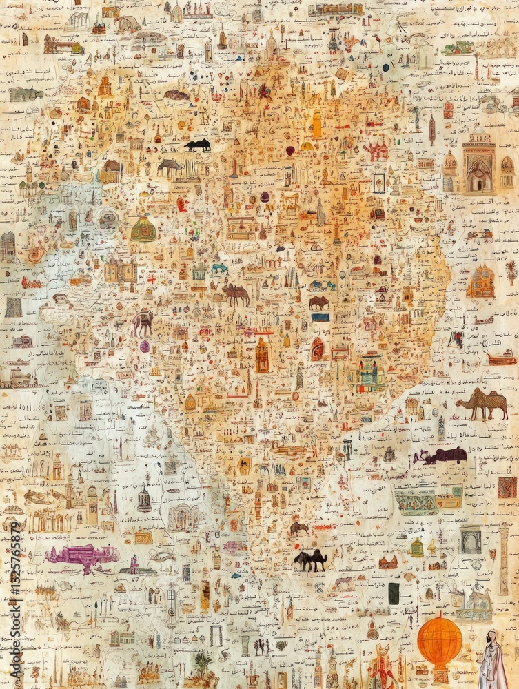 Fototapeta premium Abstract world map illustration with detailed structures and vibrant colors in antique paper style