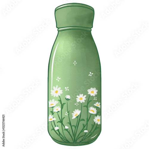 Cute green Watercolor Tumblr Bottle with White daisy Flowers. stylish bottle adds a cozy and artistic. Earth day 