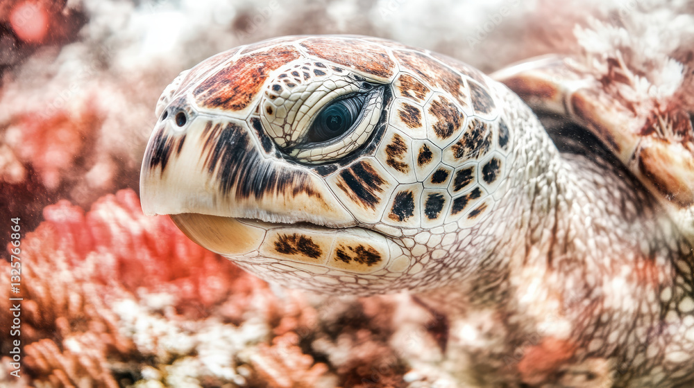 Obraz premium sea turtle gracefully swims among vibrant coral reefs, showcasing its intricate shell patterns and serene expression. underwater scene captures beauty of marine life