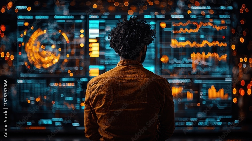 Man reviewing data on a large screen. Man reviewing data on a large screen.