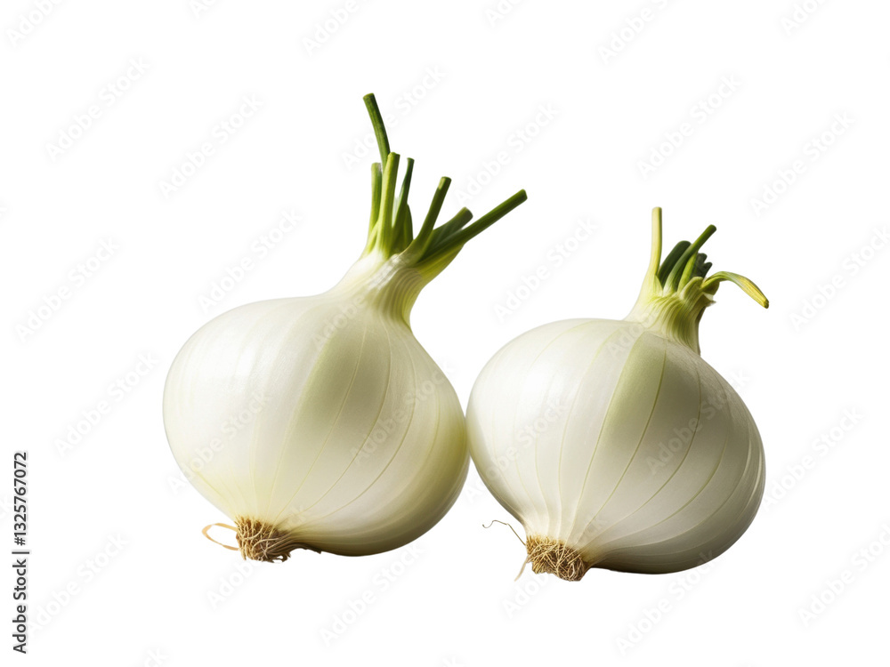Fototapeta premium Two Fresh White Onions with Green Stems, Isolated on a Transparent Background, PNG, Cutout