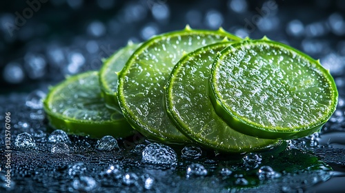 Sliced aloe vera on dark background with water droplets.