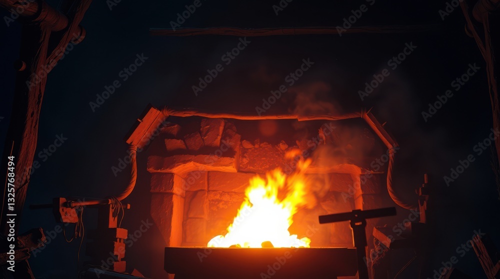 Obraz premium Glowing hearth fire burning bright in a rustic stone fireplace casting warm light in the dark room.
