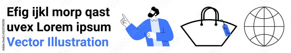 Man gesturing in blue attire, large handbag with a tag, and a globe. Ideal for e-commerce, global business, digital marketing, travel, retail, branding flat landing page banner Man gesturing in blue attire, large handbag with a tag, and a globe. Ideal for e-commerce, global business, digital marketing, travel, retail, branding flat landing page banner