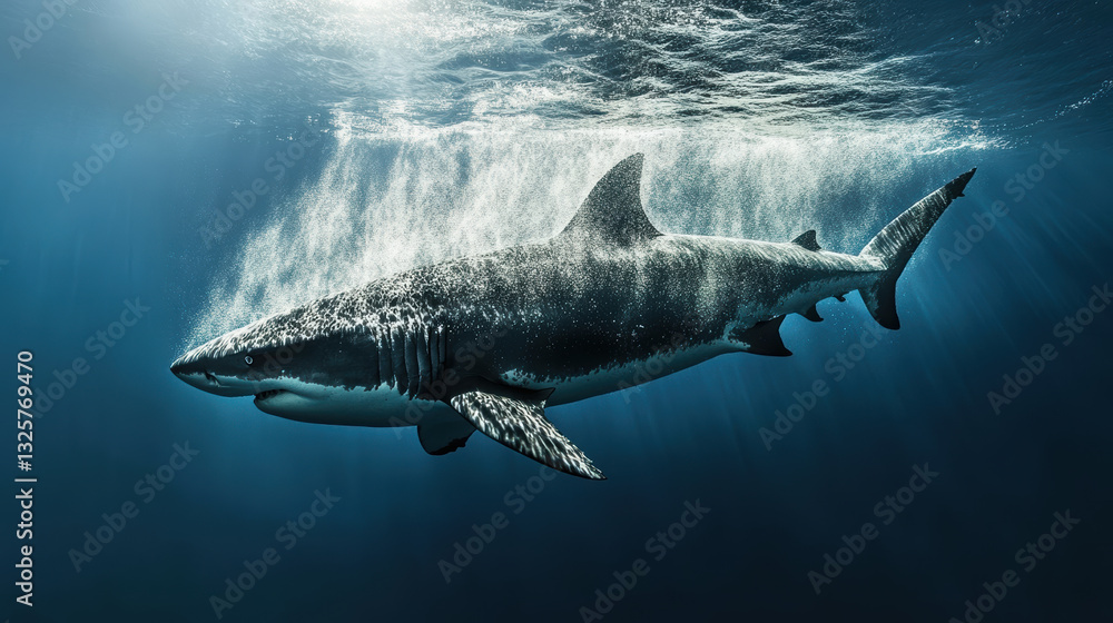Fototapeta premium Majestic shark swimming gracefully in clear blue water, surrounded by bubbles and light. underwater scene captures beauty and power of marine life