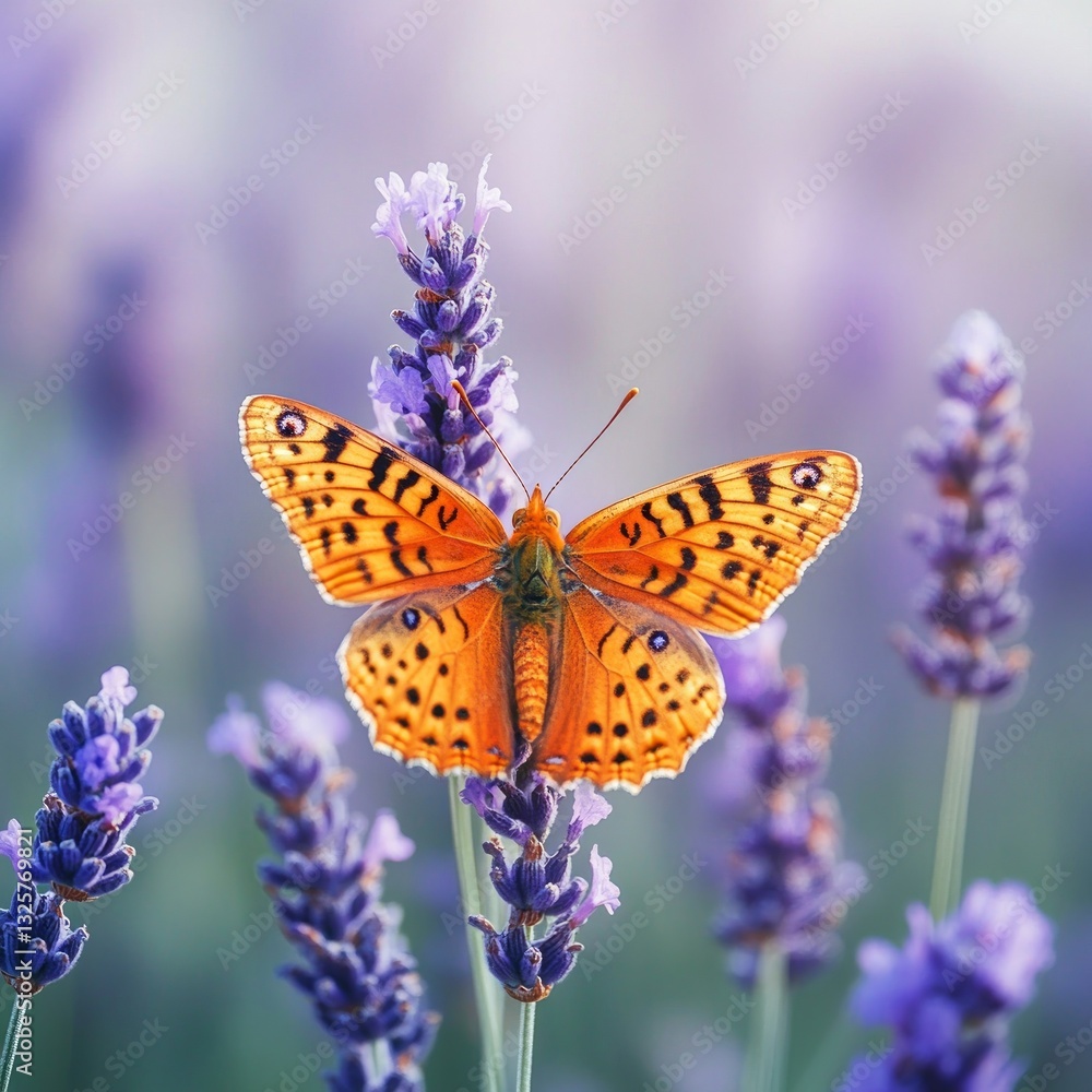Orange Butterfly Perched on Lavender Flowers in Natural Setting Orange Butterfly Perched on Lavender Flowers in Natural Setting