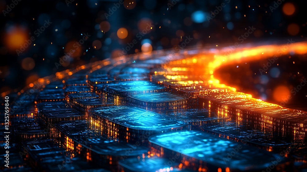 An abstract depiction of exponential growth, with a steep financial chart glowing in neon blue and gold, stacks of coins radiating light along the curve, surrounded by floating binary codes,