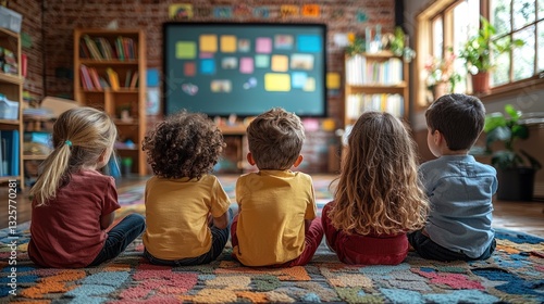 Preschool children watching educational content on a large screen.