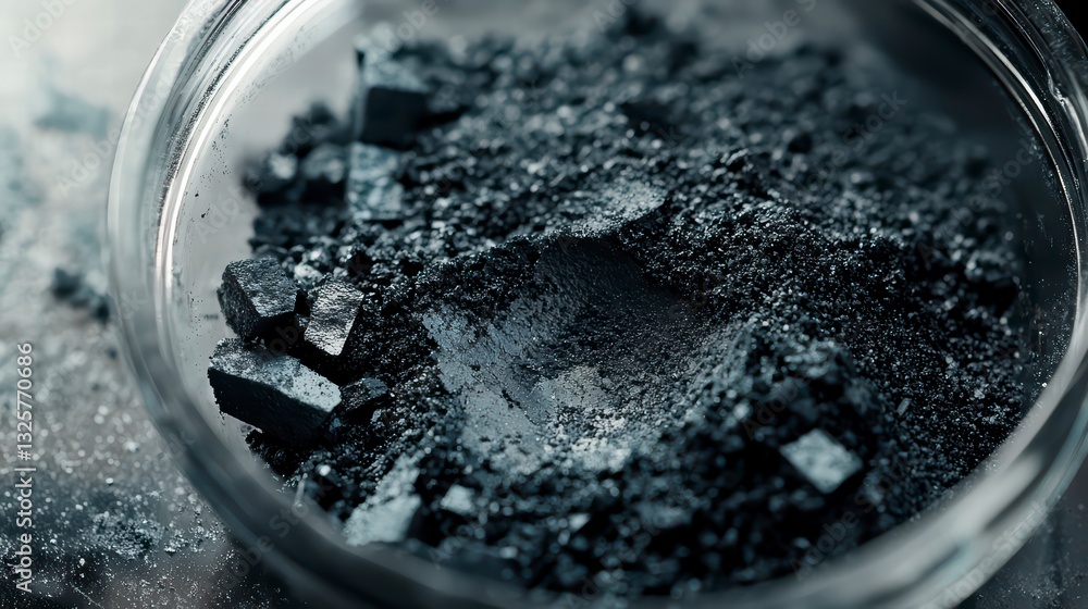 Mysterious Substances: A close-up shot reveals a collection of dark, intriguing materials nestled within a transparent glass bowl, inviting curiosity about their nature and purpose.