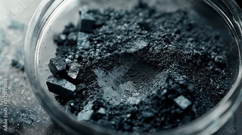 Obraz na płótnie Mysterious Substances: A close-up shot reveals a collection of dark, intriguing materials nestled within a transparent glass bowl, inviting curiosity about their nature and purpose. w salonie