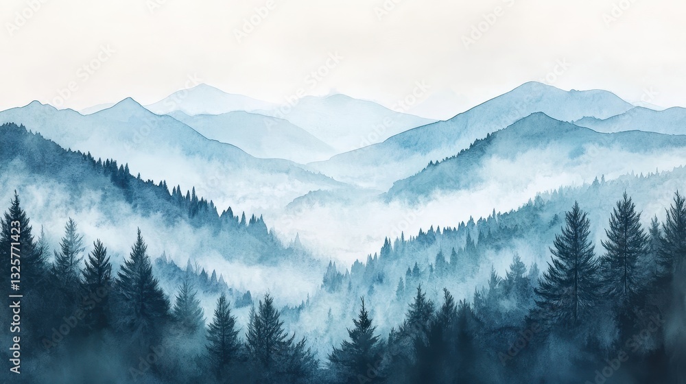 Obraz premium Watercolor of landscape forest misty mountains horizon and fog and hills,pine tree fir tree,Autumn forest background,drawn by hand,Autumn illustration design elements for landscape,wallpaper.