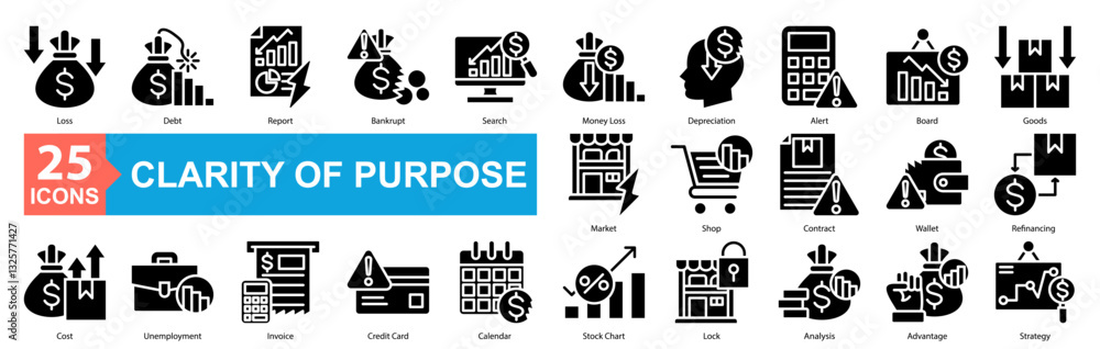Fototapeta premium Clarity Of Purpose And Direction Icon Sheet Loss, Debt, Report, Bankrupt, Search, Money Loss, Depreciation, Alert, Board, Goods, Market, Shop, Contract, Wallet, Refinancing, Cost, Unemployment