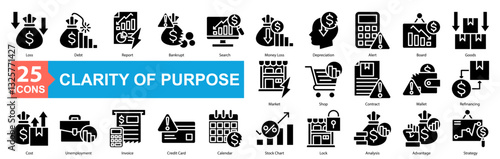 Clarity Of Purpose And Direction Icon Sheet Loss, Debt, Report, Bankrupt, Search, Money Loss, Depreciation, Alert, Board, Goods, Market, Shop, Contract, Wallet, Refinancing, Cost, Unemployment