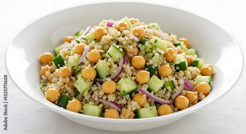 A quinoa salad with chickpeas, cucumbers, red onions, and a light olive oil dressing. A quinoa salad with chickpeas, cucumbers, red onions, and a light olive oil dressing.