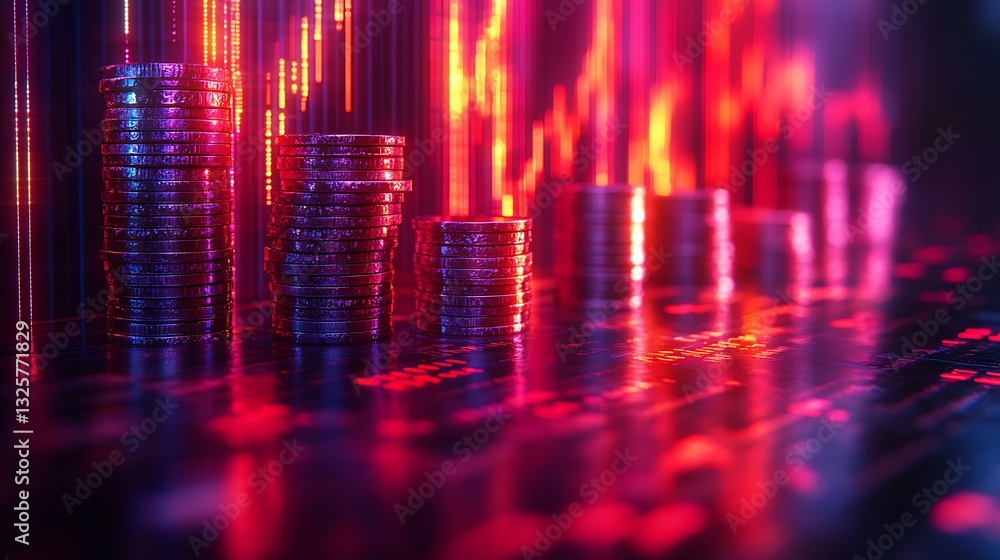 An upward logarithmic financial graph glowing in vibrant hues, stacks of coins increasing in size and brilliance along the curve, futuristic neon accents enhancing the scene, hyper-detailed, An upward logarithmic financial graph glowing in vibrant hues, stacks of coins increasing in size and brilliance along the curve, futuristic neon accents enhancing the scene, hyper-detailed,