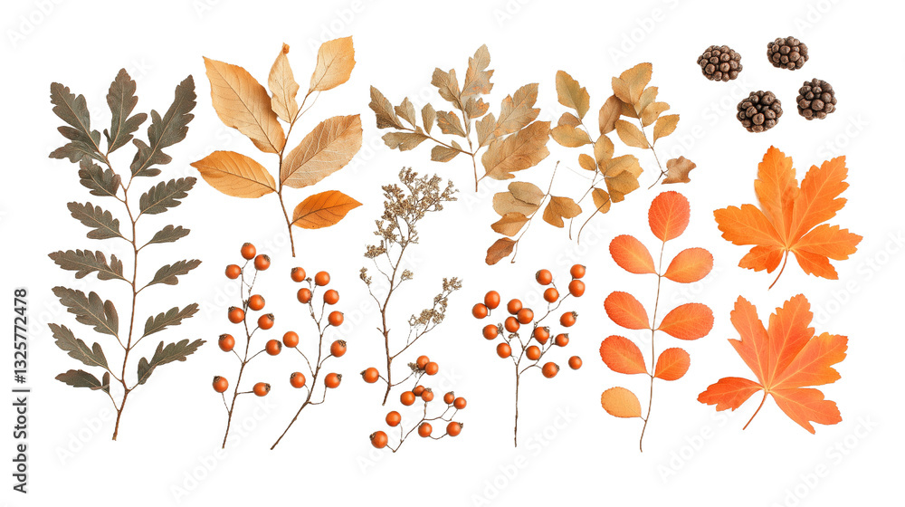 Obraz premium Autumn Arrangement of Dried Leaves and Rowan Berries, Symbolizing Nature's Seasonal Transition. png file of isolated cutout object with shadow on transparent background.