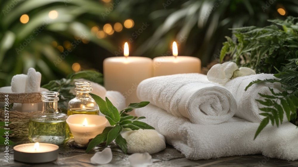 Tranquil Spa Arrangement with Candles, Towels, and Natural Elements Tranquil Spa Arrangement with Candles, Towels, and Natural Elements