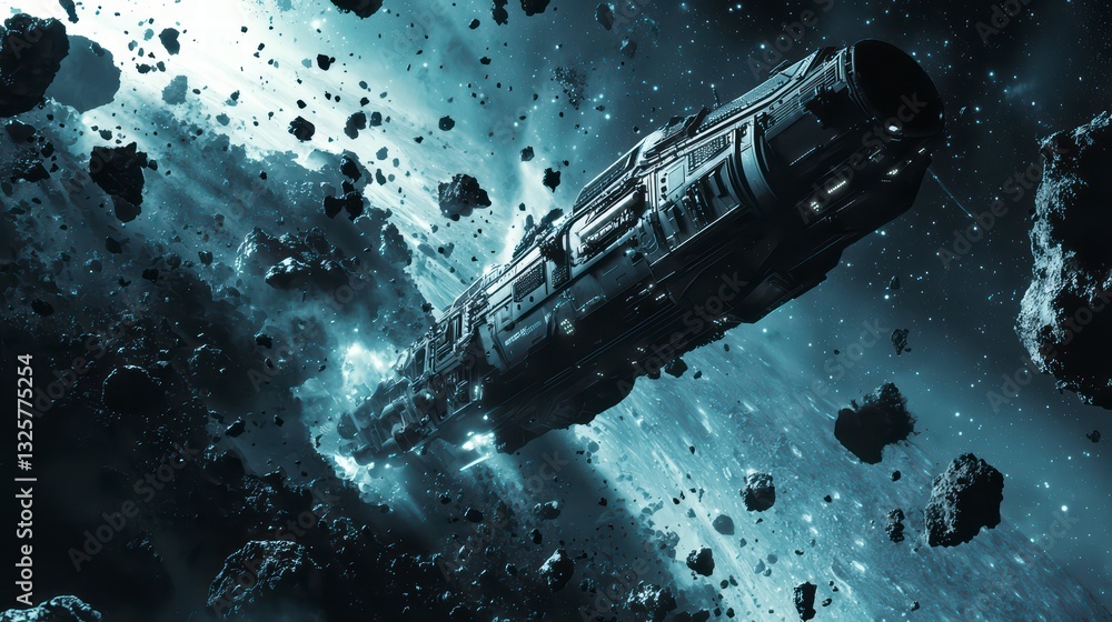 Naklejka premium Spaceship Navigating Asteroid Field: A futuristic spaceship ventures through a dense asteroid field in the vastness of space, showcasing the courage and innovation required for space exploration