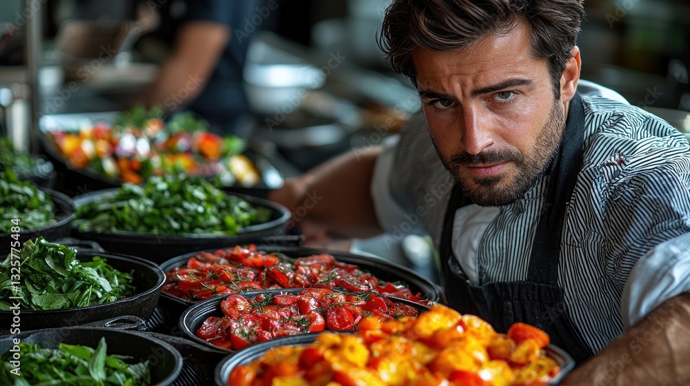 Intense chef preparing roasted vegetables. Intense chef preparing roasted vegetables.